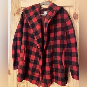 Anthropologie Field Of Flowers Wool Buffalo Plaid Hooded Oversized Sweater Coat
